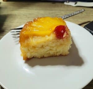 Plated slice of pineapple upside down cake