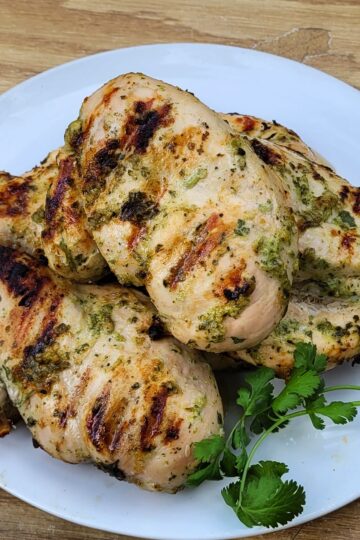 Plate of grilled cilantro lime chicken breasts on a plate with a sprig of fresh cilantro