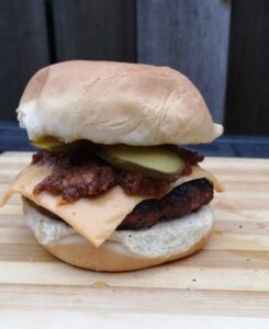 burger with bacon jam and pickles