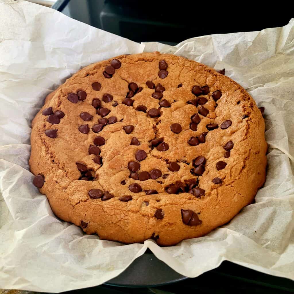Mammoth Cookie in a pan fresh out of the oven