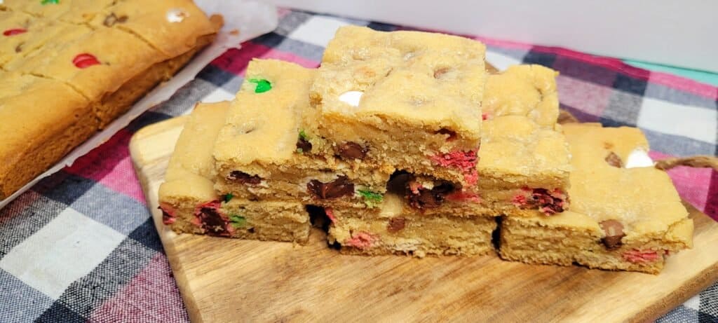 M&M Blondies stacked in a pyramid