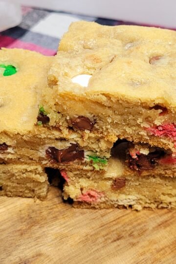 M&M Blondies stacked in a pyramid