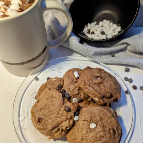 a plate of hot chocolate cookies with a mug of hot chocolate and a bowl of mini marshmallows in the background