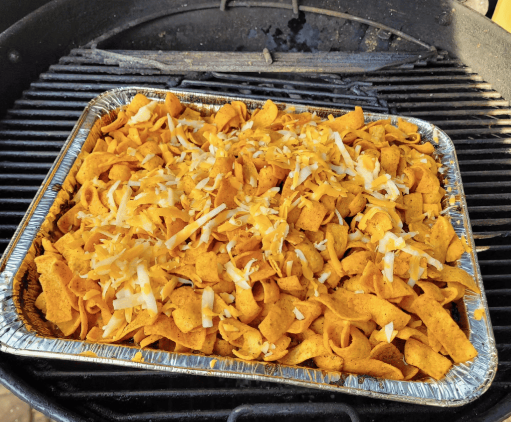 Pan of Fritos Chicken Casserole on the BBQ