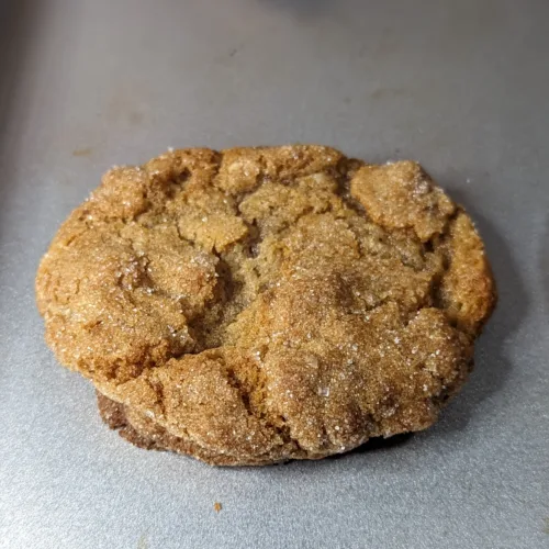 a close up picture of a brown sugar cookie on a baking pan