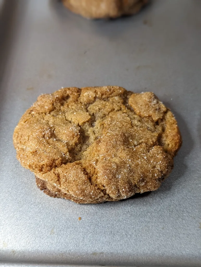a close up picture of a brown sugar cookie on a baking pan